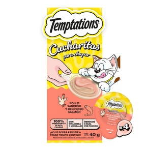 Empaque de premios para gato Temptations Cucharitas para chupar sabor Pollo Sabroso y Delicioso Salmón de 40 g con 4 porciones individuales de 10 g.