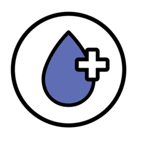 Icono en forma de gota con un símbolo más que representa el aporte de vitaminas adicionales (B3 y B5) en los premios Temptations.
