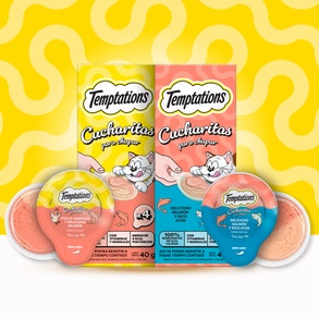 Empaques y porciones individuales de premios para gato Temptations Cucharitas para Chupar en sabores Pollo con Salmón y Salmón con Atún.