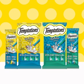 Variedad de paquetes de premios cremosos para gato Temptations Tubito Cremoso en sabores Pollo con Atún y Atún con Almeja.